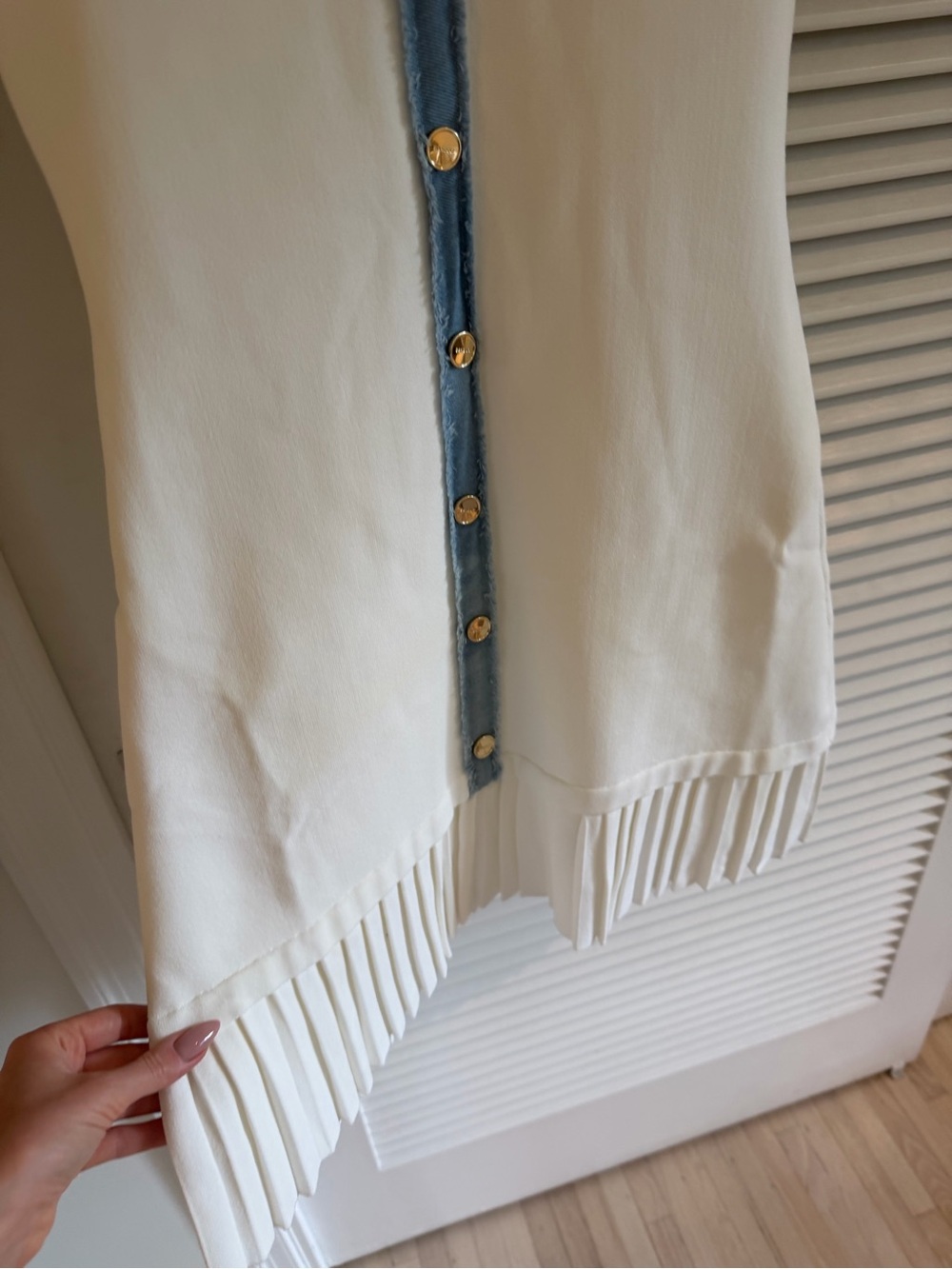 Sandro White Top with Light Blue Frayed Trim and Gold Buttons - Picture 4 of 4